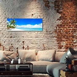 «Пляжная панорама с бирюзовым синим морем» в интерьере гостиной в стиле лофт с кирпичными стенами