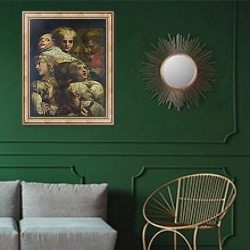 «Люди» в интерьере классической гостиной с зеленой стеной над диваном