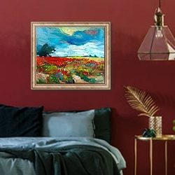 «Цветочные поля перед грозой» в интерьере спальни с акцентной стеной
