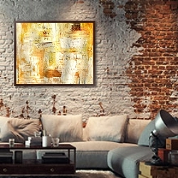 «Абстрактная картина  #33» в интерьере гостиной в стиле лофт с кирпичной стеной