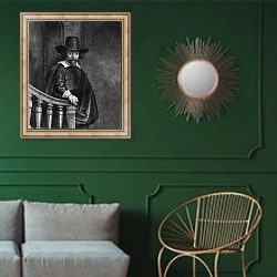 «Ephraim Bonus, known as 'The Jew with the Banister' 1647» в интерьере классической гостиной с зеленой стеной над диваном