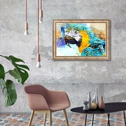 «Портрет голубого попугая» в интерьере в стиле лофт с бетонной стеной