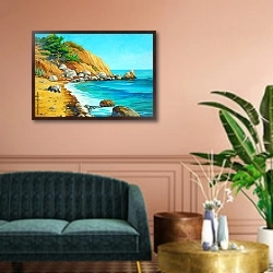 «Песчаный пляж в бухте» в интерьере классической гостиной над диваном