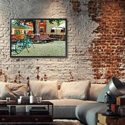 «Лавочка на старой улице в Трансильвании, Румыния, Европа» в интерьере гостиной в стиле лофт с кирпичной стеной