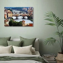 «Мосты через реку Арно. Флоренция» в интерьере современной спальни в зеленых тонах