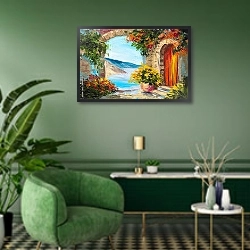 «Дом в цветах у моря» в интерьере зеленой гостиной над диваном