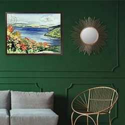 «No.56 Lake Kaministikwia, Ontario, Canada» в интерьере классической гостиной с зеленой стеной над диваном
