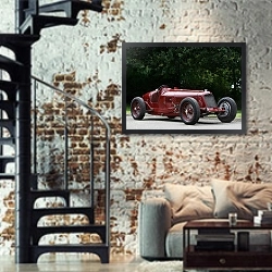 «Maserati 8C 2800 '1931» в интерьере двухярусной гостиной в стиле лофт с кирпичной стеной