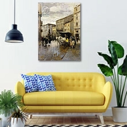 «A Street Scene, Milan,» в интерьере современной гостиной с желтым диваном