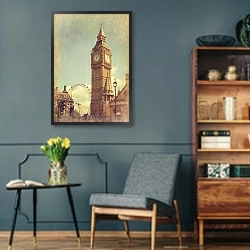 «Биг-Бен, Лондон, Великобритания» в интерьере гостиной в стиле ретро в серых тонах