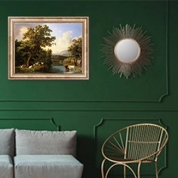 «Landschaft mit dem Sanktuarium von Loreto bei Ancona-Marche» в интерьере классической гостиной с зеленой стеной над диваном