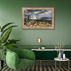 «Сражение при Вальми» в интерьере гостиной в зеленых тонах