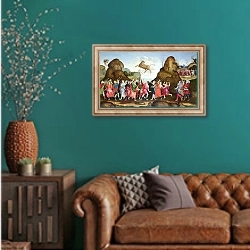 «Поклонение египетскому богу Эпису» в интерьере гостиной с зеленой стеной над диваном