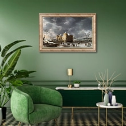 «Замок в Мейдене зимой» в интерьере гостиной в зеленых тонах