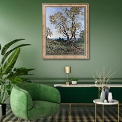 «Оливковые деревья в Ментоне» в интерьере гостиной в зеленых тонах