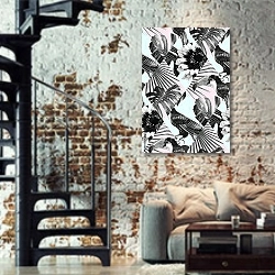 «Тропические птицы и растения » в интерьере двухярусной гостиной в стиле лофт с кирпичной стеной