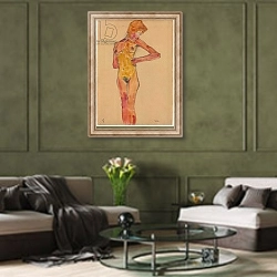 «Standing Female Nude; Stehender weiblicher Akt, 1910» в интерьере гостиной в оливковых тонах