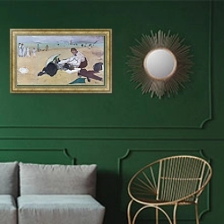 «На пляже 2» в интерьере классической гостиной с зеленой стеной над диваном