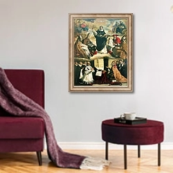 «The Apotheosis of St. Thomas Aquinas, 1631» в интерьере гостиной в бордовых тонах