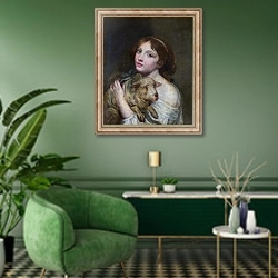 «Девушка с ягненком» в интерьере гостиной в зеленых тонах