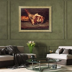 «Still Life of a Leg of Mutton and Bread, 1865» в интерьере гостиной в оливковых тонах