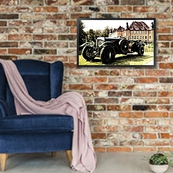 «Старинный автомобиль на фоне замка» в интерьере в стиле лофт с кирпичной стеной и синим креслом