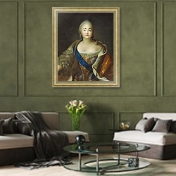 «Портрет императрицы Елизаветы Петровны 3» в интерьере гостиной в оливковых тонах