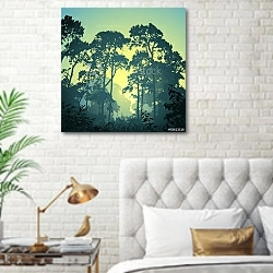 «Лесной пейзаж с деревьями на рассвете» в интерьере современной спальни в белом цвете с золотыми деталями