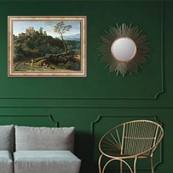 «Воображаемый пейзаж в Тиволи» в интерьере классической гостиной с зеленой стеной над диваном