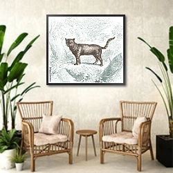 «Иллюстрация с дикой кошкой» в интерьере комнаты в стиле ретро с плетеными креслами