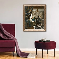 «The Artist's Studio, c.1665-66» в интерьере гостиной в бордовых тонах