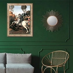 «Битва св. Георгия с драконом» в интерьере классической гостиной с зеленой стеной над диваном