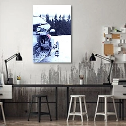 «Снегоход у зимнего леса» в интерьере офиса в стиле лофт