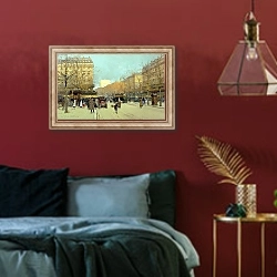 «Boulevard Haussmann, in Paris» в интерьере спальни с акцентной стеной