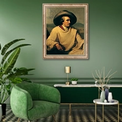 «Johann Wolfgang von Goethe in the Campagna, c.1790» в интерьере гостиной в зеленых тонах