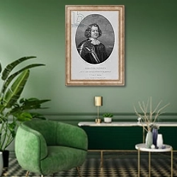 «Portrait of Giles Strangeways, from 'Characters Illustriousin British History', 1815» в интерьере гостиной в зеленых тонах