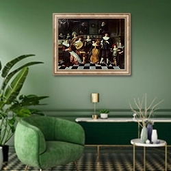 «Family Making Music» в интерьере гостиной в зеленых тонах