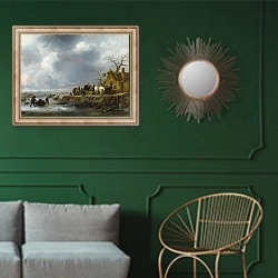 «Гостиница у замерзшей реки» в интерьере классической гостиной с зеленой стеной над диваном