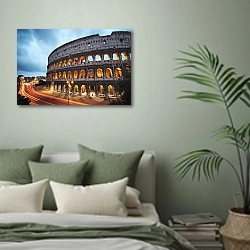 «Италия. Римский Колизей ночью» в интерьере современной спальни в зеленых тонах