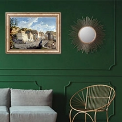 «Das Herkulaner Tor in Pompeji» в интерьере классической гостиной с зеленой стеной над диваном