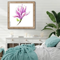 «Розовый цветок магнолии» в интерьере спальни в стиле прованс с голубыми деталями