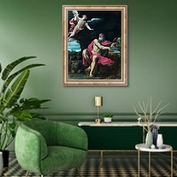 «Видение Святого Жерома» в интерьере гостиной в зеленых тонах