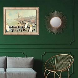 «Наше первое утро в Блэкпуле» в интерьере классической гостиной с зеленой стеной над диваном