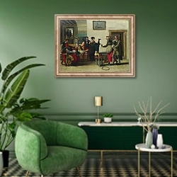«Бродячие артисты в борделе» в интерьере гостиной в зеленых тонах