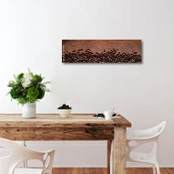 «Кофейные зерна на деревянном фоне» в интерьере кухни с деревянным столом