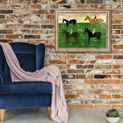 «Horses and Jockeys» в интерьере в стиле лофт с кирпичной стеной и синим креслом