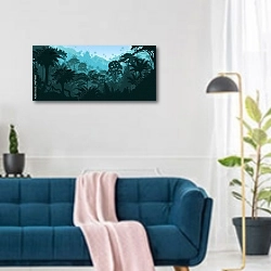 «Тропические джунгли» в интерьере современной гостиной над синим диваном