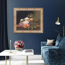 «Lilac, apple blossom, cornflowers and sweet williams with a pot of violas on a ledge, 1827» в интерьере в классическом стиле в синих тонах