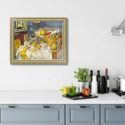 «Натюрморт с корзиной для фруктов» в интерьере кухни в голубых тонах