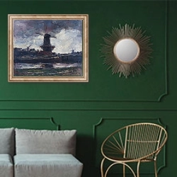 «Три мельницы» в интерьере классической гостиной с зеленой стеной над диваном